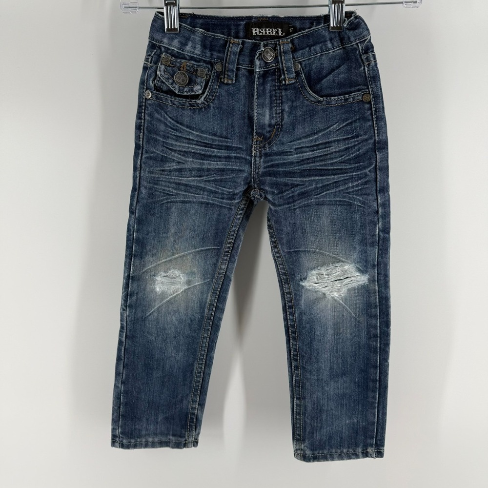 Rebel Jeans Kids‎ 4T Blue Medium Wash Denim Whiskered Distressed Straight Leg